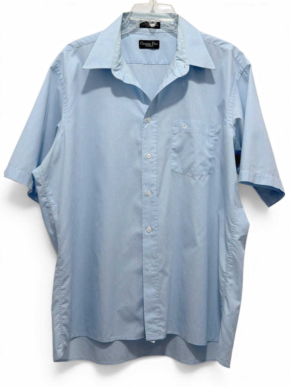 Christian Dior Vintage Mens Light Blue Short Sleeve Button-Down Shirt 17.5” Neck